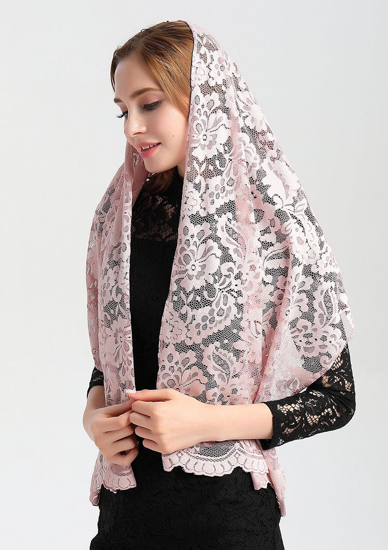 Leimandy Rectangular Lace Veil for Women Lace Scarf Catholic Orthodox Church Head Covering for Latin Mass Baptism Confirmation V25 (Dusty Pink) - Image 5
